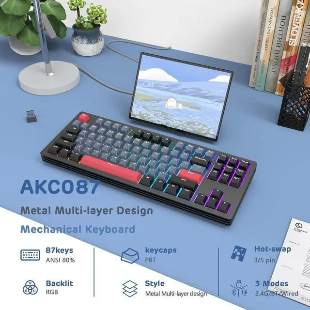Alt view image 2 of 7 - A.JAZZ AKC087 Mechanical Keyboard, Tri-Mode Wireless, Multi-Layer Metal Base, Compact 87 Keys TKL Layout, Retro Tricolor, Hotswappable RGB, for Win/Mac
