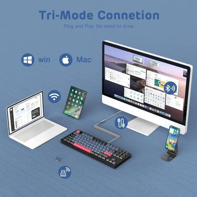 Alt view image 3 of 7 - A.JAZZ AKC087 Mechanical Keyboard, Tri-Mode Wireless, Multi-Layer Metal Base, Compact 87 Keys TKL Layout, Retro Tricolor, Hotswappable RGB, for Win/Mac