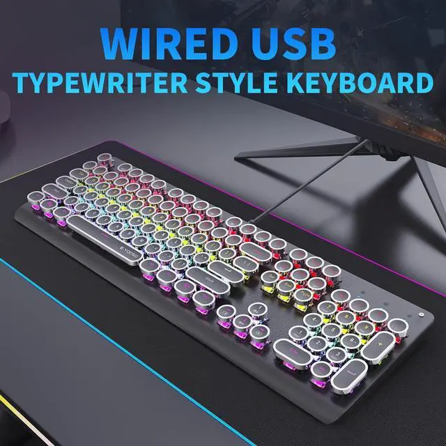 Alt view image 7 of 7 - E-YOOSO Wired Mechanical Keyboard with Backlit, Blue Switch, Retro Typewriter Gaming Keyboard, Light Up Letters, 104 Round Key for Game, Office, Computer, Laptop, PC, Desktop