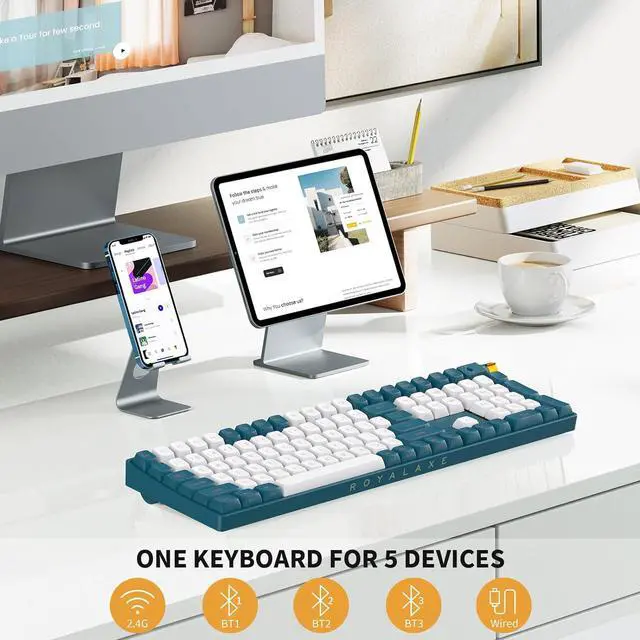 Alt view image 2 of 7 - R108 Wireless Mechanical Keyboard, G Pro 3.0 Yellow Switch, Hot Swappable Wired/Bluetooth/2.4G Wireless Keyboard with RGB Light for Windows & Mac, PBT Keycaps, Whale Blue