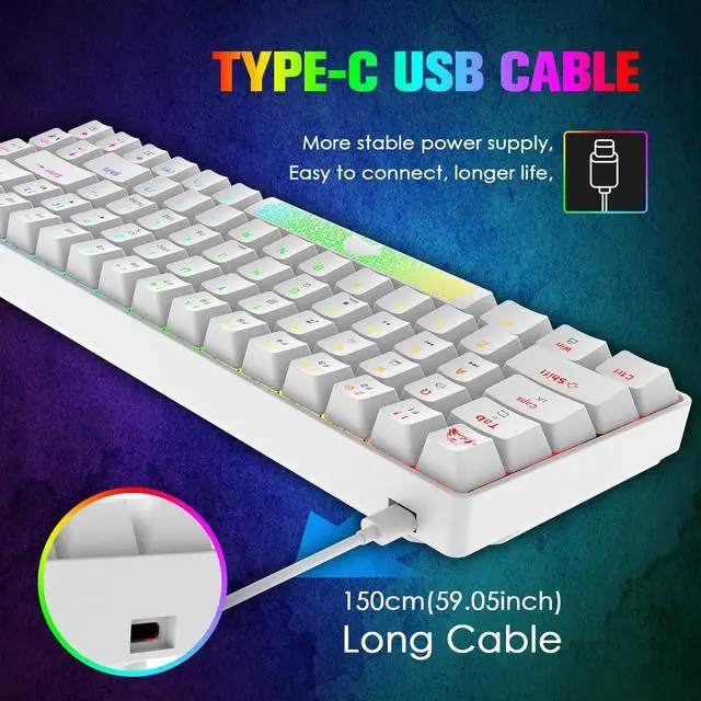 Alt view image 2 of 7 - 60% Mechanical Gaming Keyboard and Mouse Combo RGB Backlight Ergonomic Anti-ghosting 68 Keys 6400DPI Silent Honeycomb Mice Type-C Wired for Computer Mac Gamer