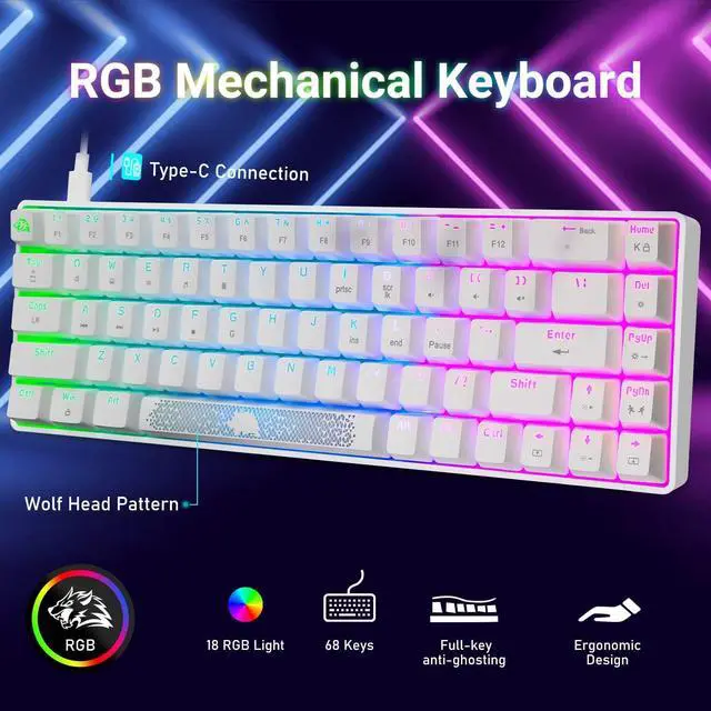 Alt view image 3 of 7 - 60% Mechanical Gaming Keyboard and Mouse Combo RGB Backlight Ergonomic Anti-ghosting 68 Keys 6400DPI Silent Honeycomb Mice Type-C Wired for Computer Mac Gamer