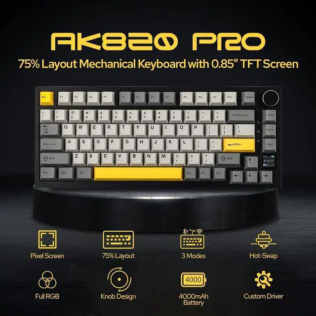 Alt view image 2 of 7 - EPOMAKER Ajazz AK820 Pro 75% Mechanical Keyboard, Gasket-Mounted Gaming Keyboard with TFT Smart Display&Knob, Bluetooth 5.1/2.4G Wireless/Type-C Wired Custom Keyboard (Grey, Gift Switch)