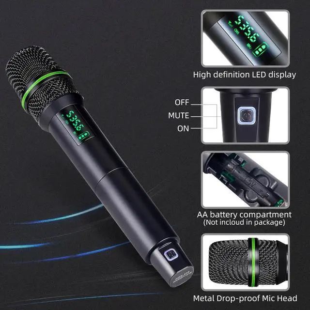 Alt view image 2 of 7 - Wireless Microphone Systems, DUAL UHF Wireless Microphone Set,  Microphone Wireless, Handheld Dynamic Microphones, 200ft Cordless Microphone for Singing, Church, Party, Wedding, Speech