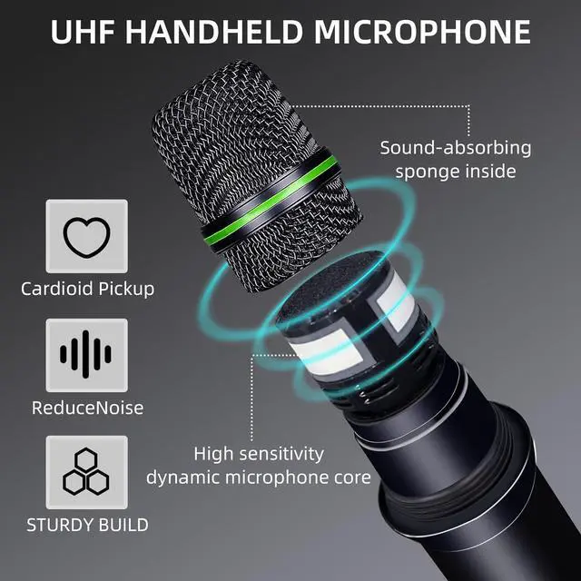 Alt view image 3 of 7 - Wireless Microphone Systems, DUAL UHF Wireless Microphone Set,  Microphone Wireless, Handheld Dynamic Microphones, 200ft Cordless Microphone for Singing, Church, Party, Wedding, Speech