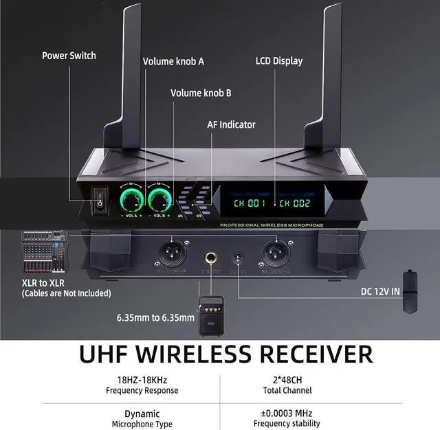 Alt view image 4 of 7 - Wireless Microphone Systems, DUAL UHF Wireless Microphone Set,  Microphone Wireless, Handheld Dynamic Microphones, 200ft Cordless Microphone for Singing, Church, Party, Wedding, Speech
