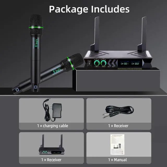 Alt view image 5 of 7 - Wireless Microphone Systems, DUAL UHF Wireless Microphone Set,  Microphone Wireless, Handheld Dynamic Microphones, 200ft Cordless Microphone for Singing, Church, Party, Wedding, Speech