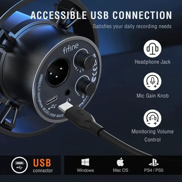 Alt view image 5 of 7 - Dynamic Microphone, XLR/USB Podcast Recording PC Microphone for Vocal Voice-Over Streaming, Studio Metal Mic with Mute, Headphone Jack, Monitoring Volume Control, Windscreen-Amplitank K688