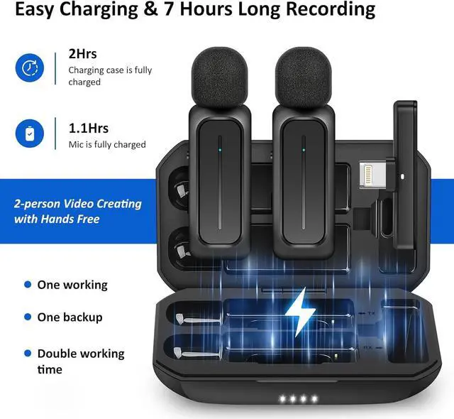 Alt view image 5 of 7 - 2 Pcs Wireless Lavalier Microphone for iPhone iPad Android with Charging Case 7H Clip on Lapel Microphone Wireless for Video Recording Vlogging, YouTube, Interview, 3 Mode Denoise, 70ft