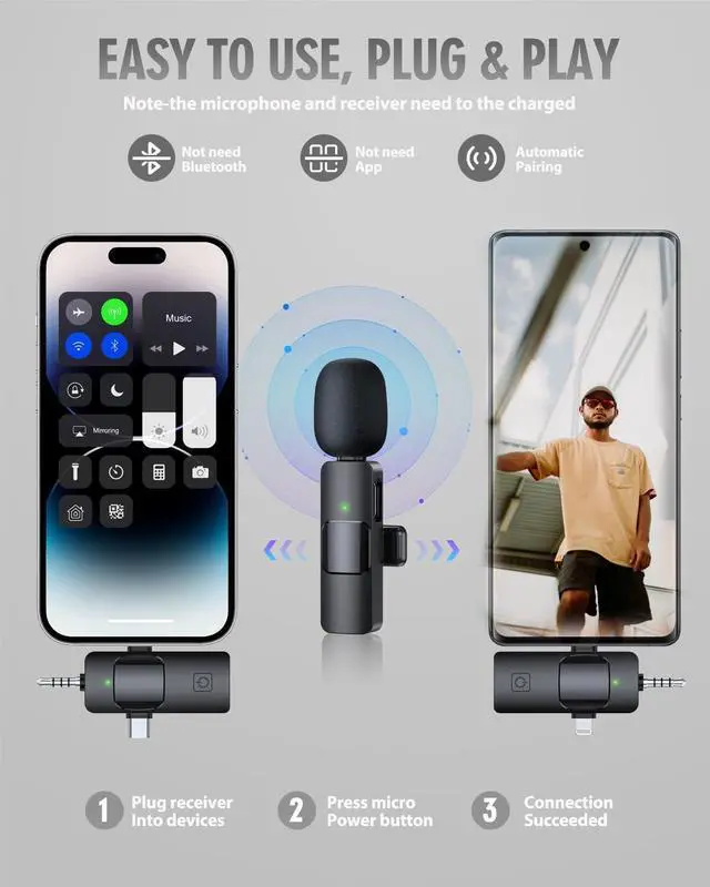Alt view image 2 of 7 - PQRQP 3 in 1 Wireless Microphone for iPhone, Android, Camera, USB-C Microphone, Wireless Lavalier Microphone, Mini Microphone, Noise Canceling Lapel Mic for Interview Video Podcast Vlog YouTube