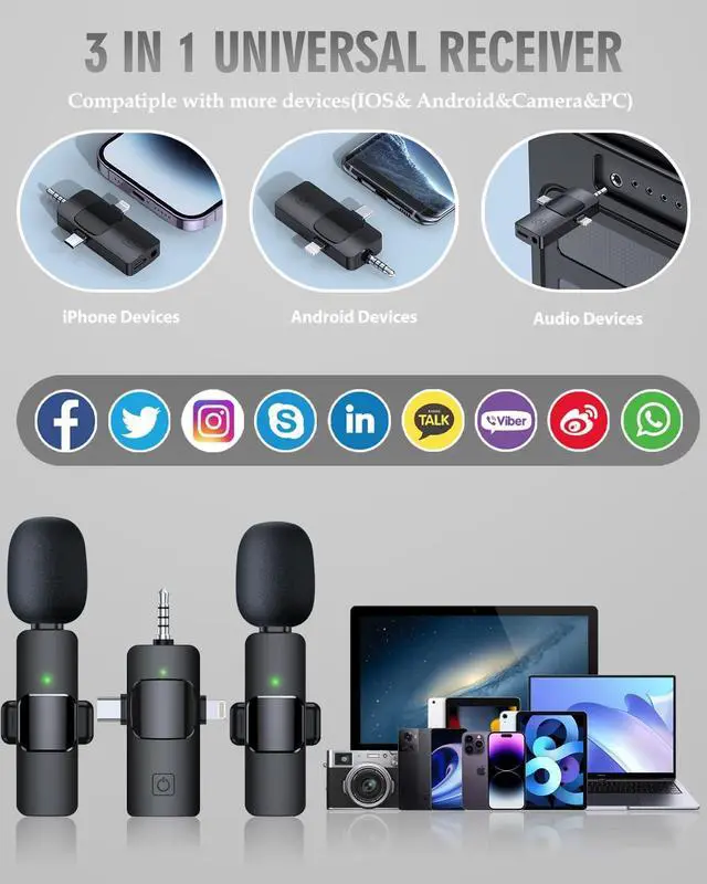 Alt view image 7 of 7 - PQRQP 3 in 1 Wireless Microphone for iPhone, Android, Camera, USB-C Microphone, Wireless Lavalier Microphone, Mini Microphone, Noise Canceling Lapel Mic for Interview Video Podcast Vlog YouTube