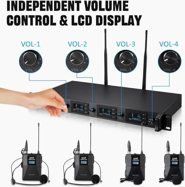 Alt view image 3 of 7 - Wireless Microphone System 4 Channel UHF 4 Lavalier Lapel Headset Mics for Karaoke Church Speaking Conference Meeting Party, 4x25 Adjustable Frequency (4 Bodypack)