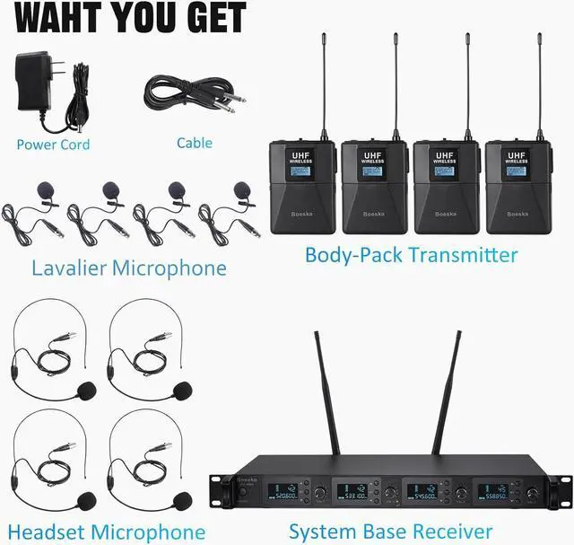 Alt view image 7 of 7 - Wireless Microphone System 4 Channel UHF 4 Lavalier Lapel Headset Mics for Karaoke Church Speaking Conference Meeting Party, 4x25 Adjustable Frequency (4 Bodypack)