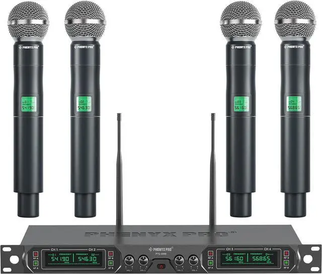 Main image of Phenyx Pro Wireless Microphone System, 4-Channel UHF Wireless Mic, Fixed Frequency Metal Cordless Mic with 4 Handheld Dynamic Microphones, 260ft Range, Mics for Singing, Church(PTU-5000-4H)