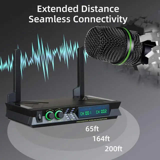 Alt view image 6 of 7 - Wireless Microphone Systems, DUAL UHF Wireless Microphone Set,  Microphone Wireless, Handheld Dynamic Microphones, 200ft Cordless Microphone for Singing, Church, Party, Wedding, Speech