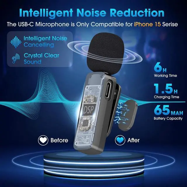 Alt view image 3 of 6 - USB C Wireless Lavalier Microphone for Type-C,Android Phone,PC,Mini Mic with Noise Reduction,Lapel Microphone for Video,Interviews,Live Streaming,TikTok,YouTube,2Pack (for iPhone 15 and Above)