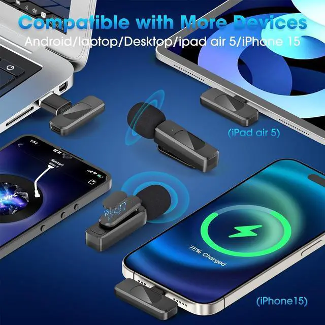 Alt view image 5 of 6 - USB C Wireless Lavalier Microphone for Type-C,Android Phone,PC,Mini Mic with Noise Reduction,Lapel Microphone for Video,Interviews,Live Streaming,TikTok,YouTube,2Pack (for iPhone 15 and Above)