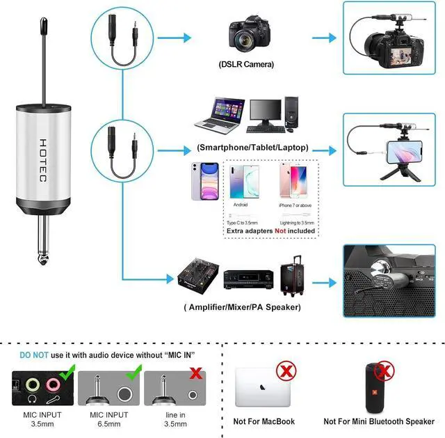 Alt view image 3 of 7 - HOTEC UHF Wireless Headset Microphone/Lavalier Lapel Mic with Bodypack Transmitter and Mini Rechargeable Receiver 1/4" Output for Vlogging or Speech