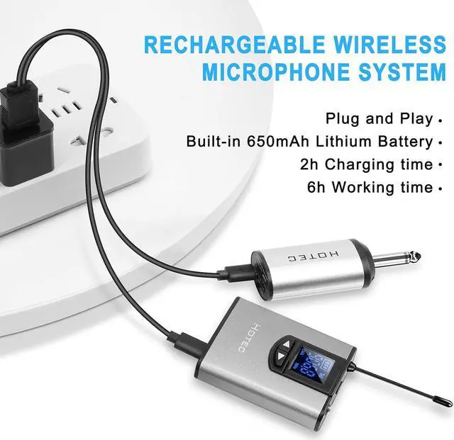 Alt view image 4 of 7 - HOTEC UHF Wireless Headset Microphone/Lavalier Lapel Mic with Bodypack Transmitter and Mini Rechargeable Receiver 1/4" Output for Vlogging or Speech