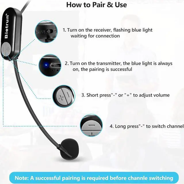 Alt view image 3 of 7 - Bietrun Wireless Microphone Headset with 1/4''Plug, UHF Wireless Headset Mic & Handheld Mic 2 in 1, for  Speaker, Amplifier, Mic Speakers, PA System, Teaching, Fitness (Black)