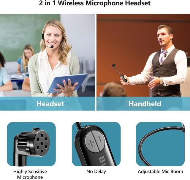 Alt view image 5 of 7 - Bietrun Wireless Microphone Headset with 1/4''Plug, UHF Wireless Headset Mic & Handheld Mic 2 in 1, for  Speaker, Amplifier, Mic Speakers, PA System, Teaching, Fitness (Black)
