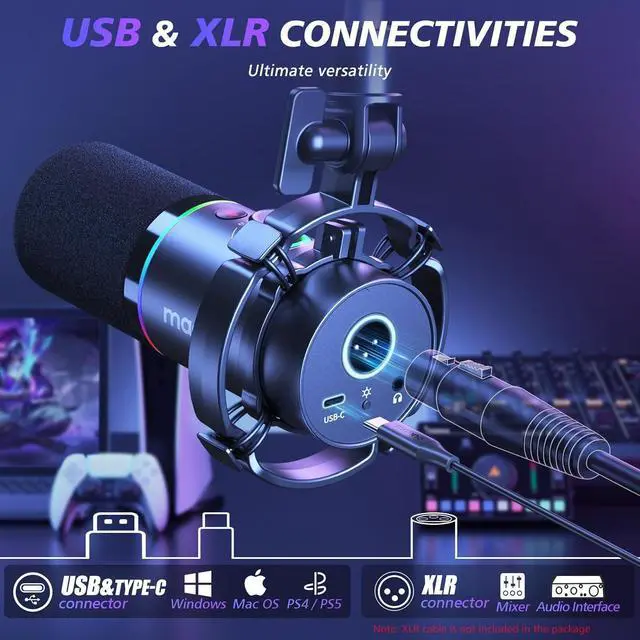Alt view image 2 of 7 - MAONO XLR/USB Dynamic Microphone Kit, RGB Podcast Mic with Software, Mute, Gain Knob, Volume Control, Boom Arm for Streaming, Gaming, Voice-Over, Recording-PD200XS Black