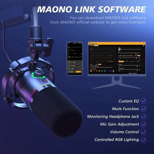 Alt view image 3 of 7 - MAONO XLR/USB Dynamic Microphone Kit, RGB Podcast Mic with Software, Mute, Gain Knob, Volume Control, Boom Arm for Streaming, Gaming, Voice-Over, Recording-PD200XS Black