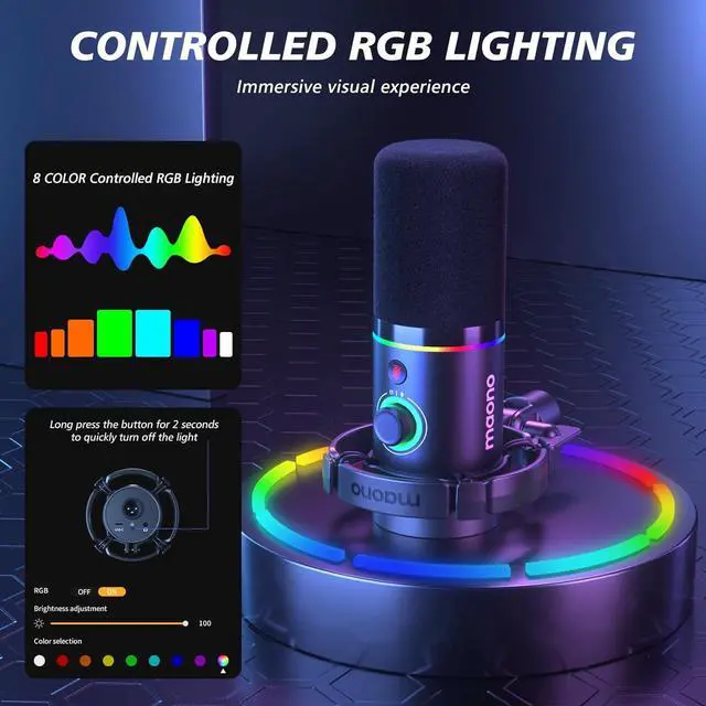 Alt view image 4 of 7 - MAONO XLR/USB Dynamic Microphone Kit, RGB Podcast Mic with Software, Mute, Gain Knob, Volume Control, Boom Arm for Streaming, Gaming, Voice-Over, Recording-PD200XS Black