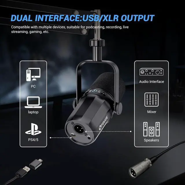 Alt view image 3 of 6 - FDUCE SL40+ Dynamic Podcast Microphone,USB/XLR Microphone kit for Streaming&Gaming,Boom Arm Stand Mic,Built-in Headphone Output,Mute Button,gain Button