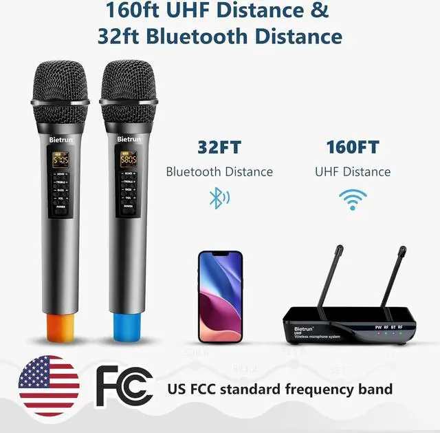 Alt view image 2 of 7 - Bietrun Wireless Microphone with Echo/Treble/Bass, UHF 160ft Range, Dual UHF Cordless Dynamic Mic Handheld Microphone System for Home , Meeting, Party, Wedding(Receiver with Bluetooth)