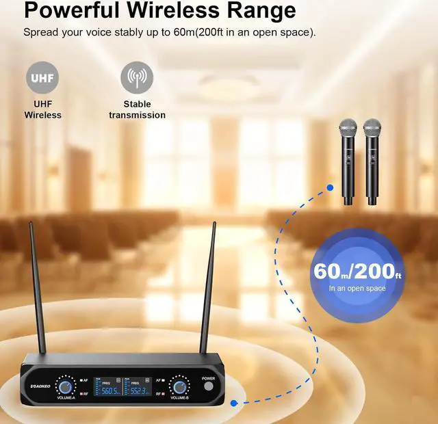 Alt view image 3 of 7 - Aokeo Wireless Microphone System, Metal Wireless Mic Set with Case,Handheld Cordless Dynamic Microphones for Singing, , Church, DJ,100ft Range