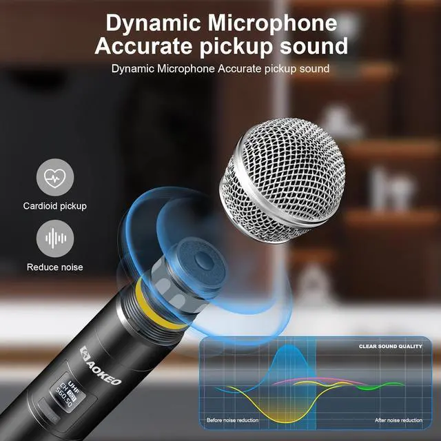 Alt view image 2 of 7 - Aokeo Wireless Microphone System, Metal Wireless Mic Set with Case,Handheld Cordless Dynamic Microphones for Singing, , Church, DJ,100ft Range