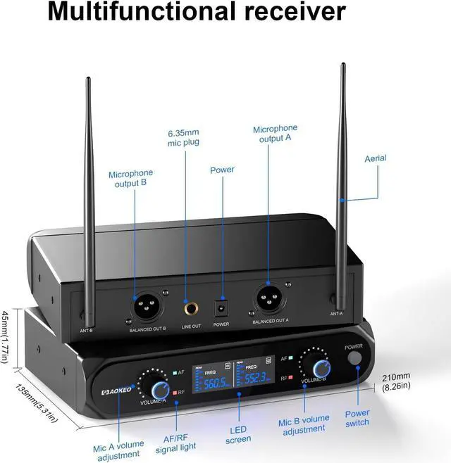 Alt view image 5 of 7 - Aokeo Wireless Microphone System, Metal Wireless Mic Set with Case,Handheld Cordless Dynamic Microphones for Singing, , Church, DJ,100ft Range