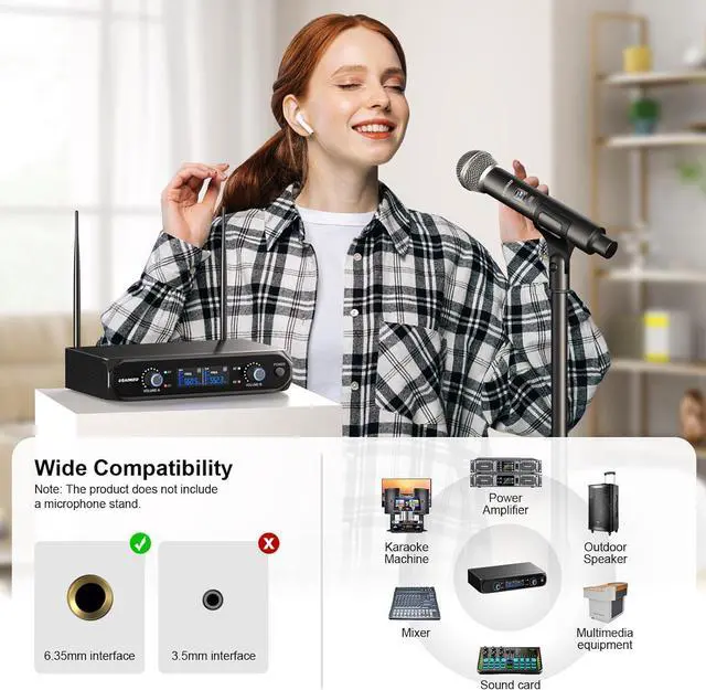 Alt view image 6 of 7 - Aokeo Wireless Microphone System, Metal Wireless Mic Set with Case,Handheld Cordless Dynamic Microphones for Singing, , Church, DJ,100ft Range