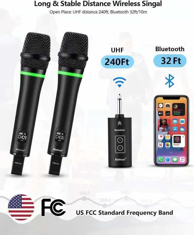 Alt view image 2 of 7 - Rechargeable Wireless Microphone, Dual Metal Cordless Handheld Dynamic Wireless Mics with 1/4'' Output for , Meeting, Singing, Church, Wedding(UHF 240ft Range)(Receiver with Bluetooth)