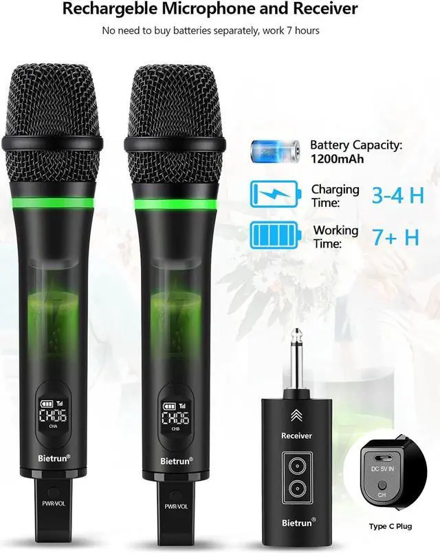 Alt view image 3 of 7 - Rechargeable Wireless Microphone, Dual Metal Cordless Handheld Dynamic Wireless Mics with 1/4'' Output for , Meeting, Singing, Church, Wedding(UHF 240ft Range)(Receiver with Bluetooth)