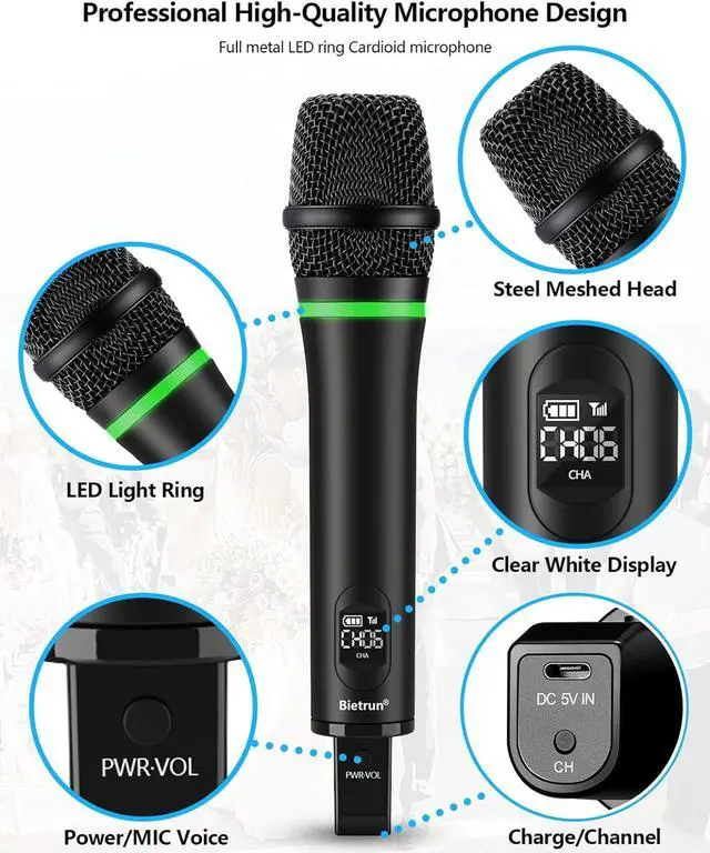 Alt view image 5 of 7 - Rechargeable Wireless Microphone, Dual Metal Cordless Handheld Dynamic Wireless Mics with 1/4'' Output for , Meeting, Singing, Church, Wedding(UHF 240ft Range)(Receiver with Bluetooth)