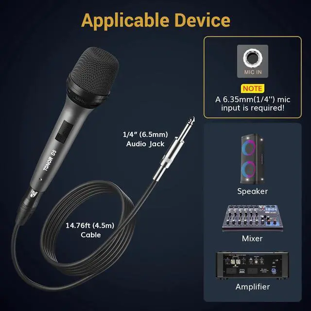 Alt view image 5 of 7 - Professional Vocal Microphone for Singing, Dynamic Handheld Wired  Mic, Cardioid Studio Microfono with 4.5M XLR to 1/4" Cable, for Speakers/Mixer Machine/Amp/Speech/ and Outdoors
