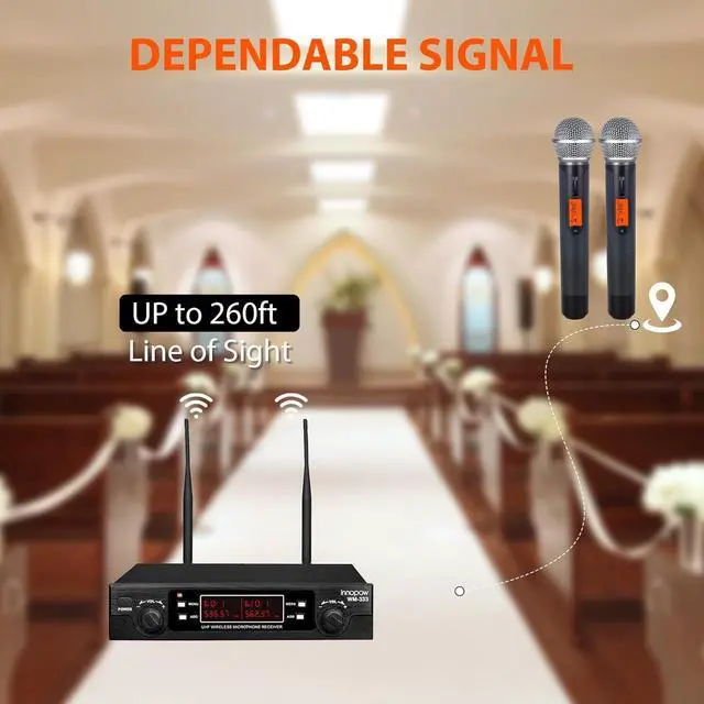 Alt view image 2 of 6 - 200-Channel Wireless Microphones System, Dual UHF Metal Cordless Mic Set, Auto Scan, Long Range 200-240Ft,16 Hours Use for  Singing, Church, 2022 Version(WM333)