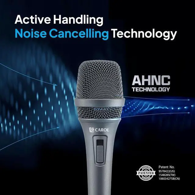 Alt view image 2 of 6 - CAROL AC-900S XLR Wired Vocal Microphone  Dynamic Supercardioid Mic with AHNC Dual-Engine Noise Cancelling Tech for Singing, Karaoke, Stage & Studio, Includes Mic Clip, 14.8ft Cable & Switch - Gray