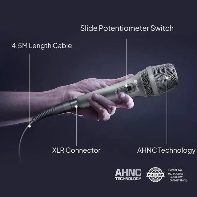 Alt view image 3 of 6 - CAROL AC-900S XLR Wired Vocal Microphone  Dynamic Supercardioid Mic with AHNC Dual-Engine Noise Cancelling Tech for Singing, Karaoke, Stage & Studio, Includes Mic Clip, 14.8ft Cable & Switch - Gray