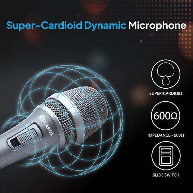 Alt view image 4 of 6 - CAROL AC-900S XLR Wired Vocal Microphone  Dynamic Supercardioid Mic with AHNC Dual-Engine Noise Cancelling Tech for Singing, Karaoke, Stage & Studio, Includes Mic Clip, 14.8ft Cable & Switch - Gray