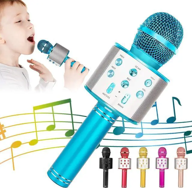 Main image of KIDWILL Wireless Bluetooth  Microphone for Kids, 5-in-1 Portable Handheld  Mic Speaker Player Recorder with Adjustable Remix FM Radio for Kids Girls Boys Teens Birthday (858-Blue)
