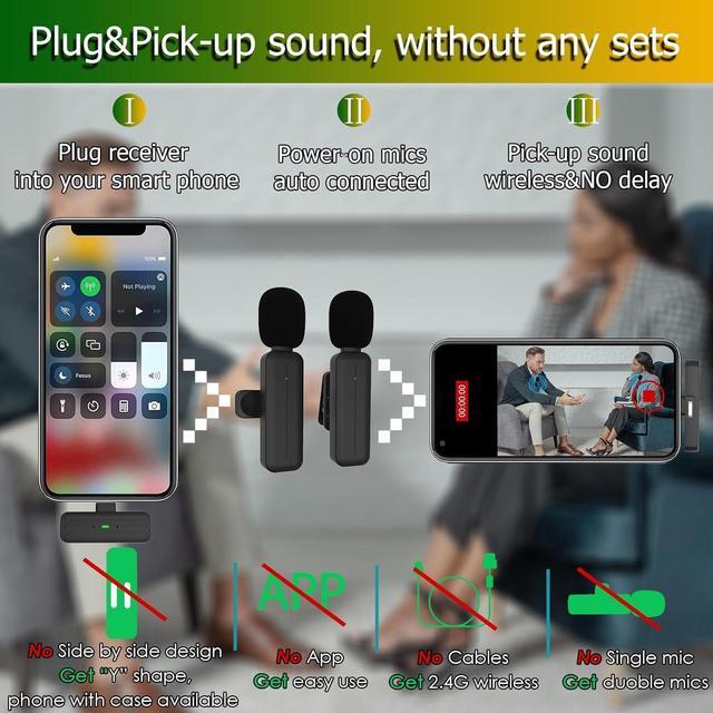 Alt view image 2 of 7 - 2 Pack Wireless Mini Lavalier Lapel Microphone for iPhone,Android Phone(2 in 1) - 80ft Cordless Clip on Dual Mics with Noise Reduction 5H Working Time for Video Recording Vlogging, YouTube, Interview