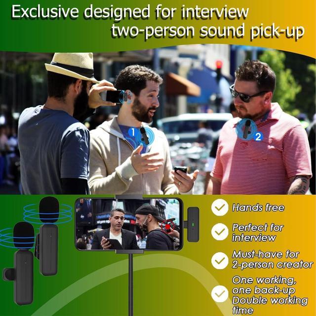 Alt view image 3 of 7 - 2 Pack Wireless Mini Lavalier Lapel Microphone for iPhone,Android Phone(2 in 1) - 80ft Cordless Clip on Dual Mics with Noise Reduction 5H Working Time for Video Recording Vlogging, YouTube, Interview
