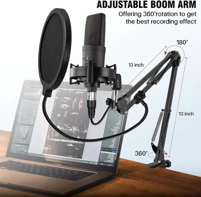 Alt view image 3 of 7 - Condenser Microphone XLR Professional Studio Recording Microphone Kit for PC Computer with Boom Arm,Cardioid XLR Podcast Microphone for Streaming,Gaming,Singing,Voice Over,ASMR,YouTube