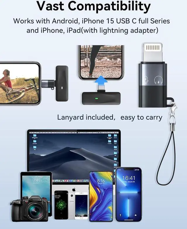 Alt view image 7 of 7 - Wireless Lavalier Microphone for iPhone Android iPad with Lightning Adapter, USB C Microphone, iPhone Microphone for Video Recording, Streaming -2 Pack, 48KHz 32Bit, 100ft, Noise Canceling