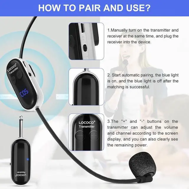 Alt view image 7 of 7 - UHF Wireless Headset Microphone System: Mic Headset - LED Digital Display, Head Handheld Mic 2 in 1, Working Time 6H, 165 ft Range Mic for Voice Amplifier, Tour Guide, Teaching, Fitness, PA System
