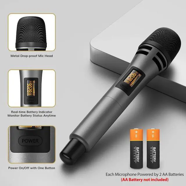 Alt view image 4 of 7 - Wireless Microphones, UHF Dual  Microphone System, Microfonos Inalambricos with Rechargeable Receiver, Cordless Dynamic Mic Micro Set for Singing, Wedding, DJ, Party, Speech TW320 Grey