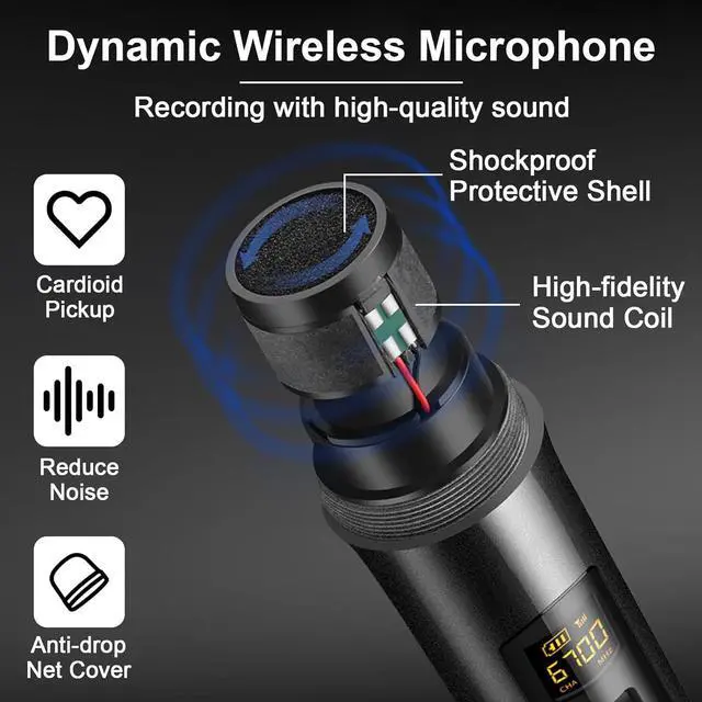 Alt view image 4 of 7 - ALPOWL Wireless Microphones, Metal Dynamic Microphone System with Rechargeable Receiver, 50H Duration, 200ft Range, microphone for  Singing, Wedding, DJ, Party, Speech, Church, Class